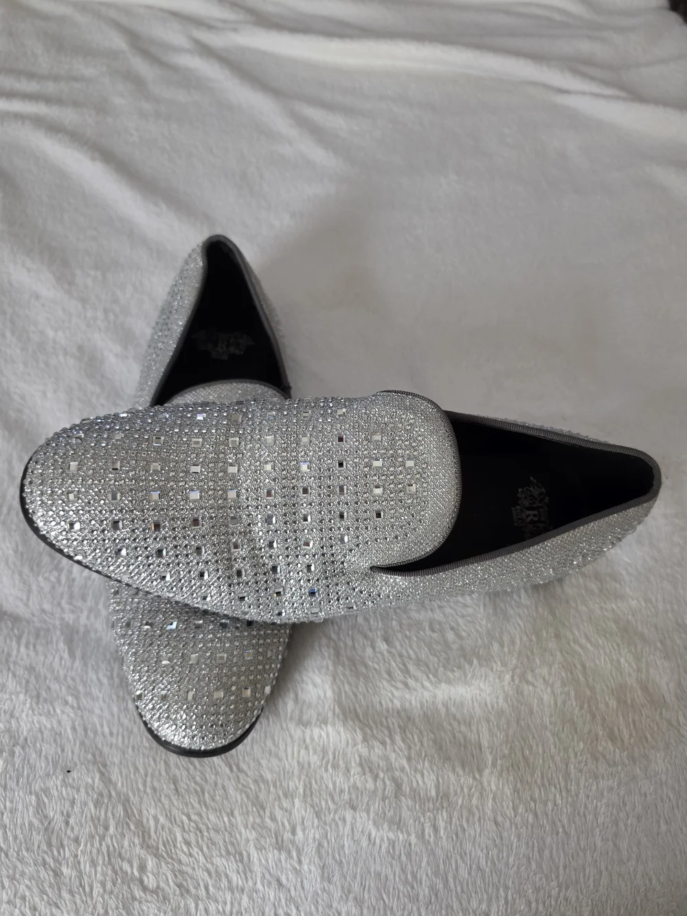 Royal Shoes Embellished Studded Sparkling Slip-On Smoker Loafers Silver Sz 12